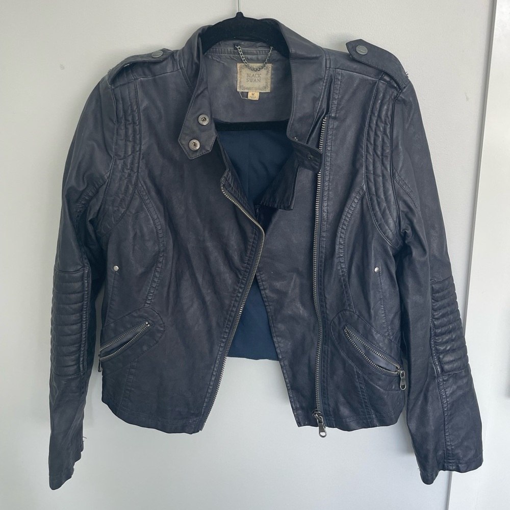 Black swan cropped teal faux leather jacket